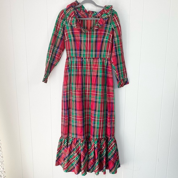 VTG Handmade Long Tartan PLAID Prairie Dress Christmas 70-80s Sz XS-S (17” PTP) - Picture 1 of 14